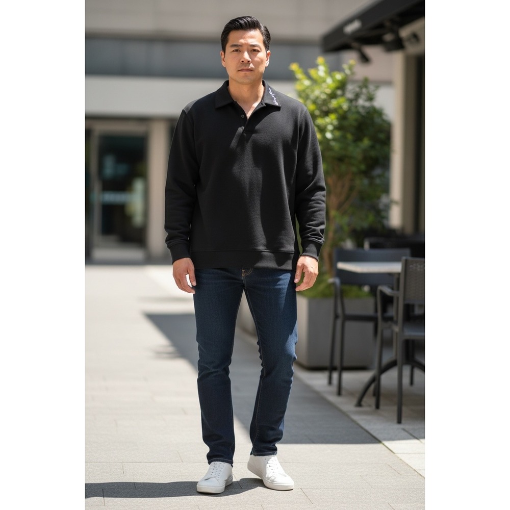 550Avant Garde Paris Mens XL Black Long Sleeve Polo Shirt Embroidered Collar NWT